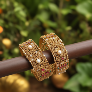 24K Gold Plated Copper Matte Kada Bangles with Pearl and <b>Ruby</b>-Trendy Vintage Religious <b>Bracelets</b> - Product Image 3