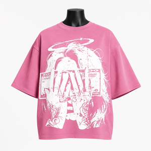 <b>Pink</b> Oversized Women's <b>Crop</b> <b>Top</b> Crew Neck Short Sleeve Letter Print 100% Cotton Jersey Loose Fit Casual Spring Summer Style - Product Image 1