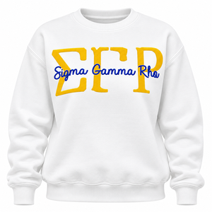 เสื้อสเวตเชิ้ตคอกลมสีขาว Sigma Gamma Rho พร้อมลายปักตัวอักษรกรีกสีเหลืองและเสื้อแขนยาวสีน้ำเงิน - Product Image 3