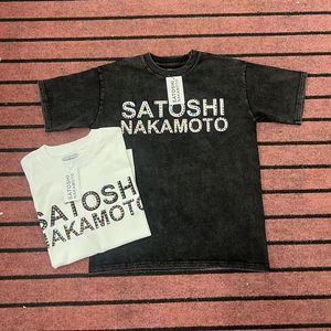 SATOSHI <span class=keywords><strong>NAKAMOTO</strong></span> 26SS T-shirt à col rond en coton pur, motif lettres inversées VINTAGE, coupe ample respirante, effet délavé - Product Image 1