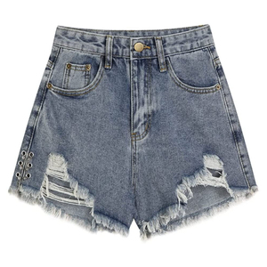 Shorts de mezclilla de cintura alta para mujer, desgastados, con dobladillo deshilachado, casuales de verano, de algodón, con patrón liso y efecto lavado - Product Image 1