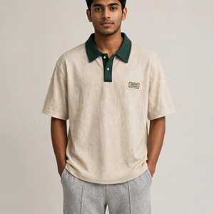Camiseta de Golf para Hombre, Color Beige, Tejido Waffle, Secado Rápido, Manga Corta, Cuello Verde, Color Sólido, Estilo Casual - Product Image 1