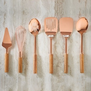 <b>Copper</b> Finish Stainless Steel Cooking Utensil Set 6 Piece Heat Resistant Kitchen Tools Wooden <b>Handles</b> - Product Image 2