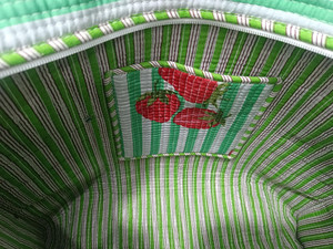 <b>Strawberry</b> Print Green White Striped Canvas Tote Bag Open <b>Top</b> Design For Shopping Summer Fashionable Style - Product Image 2