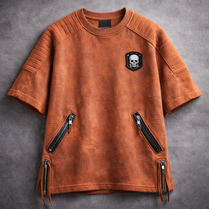 Camiseta de hombre estilo motero deportiva con cremallera, de lona 100% algodón teñida con hilo, de alto gramaje, ecológica, transpirable frontalmente y con hombros caídos. - Product Image 1