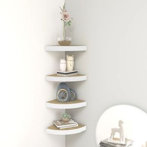 Juego de 4 Estantes de Esquina Metálicos para Exhibición en Pared, de MDF con Diseño de Panal de Abeja en Roble y Blanco - Product Image 1