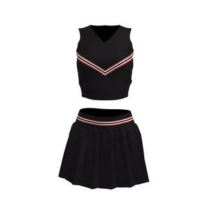 Uniforme de Animadoras para Adultos, Top Negro con Cuello en V y Falda Plisada con Rayas Rojas y Blancas, Material de Poliéster - Product Image 1