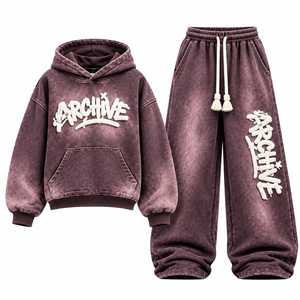 Conjunto de Sudadera con Capucha y Pantalones Deportivos de Poliéster/Algodón de Peso Medio, Transpirable y Ecológico, Azul Lavado, Estilo Hip Hop, Corte Holgado - Product Image 2