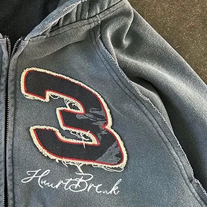 Sudadera con capucha y cremallera personalizada de 400 g/m² para hombre, con parche bordado efecto desgastado por el sol, estilo vintage, lavado ácido, nuevo estilo. - Product Image 6