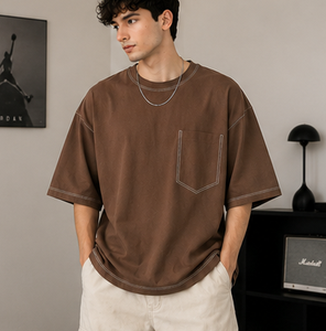 Camiseta Personalizada Extra Grande con Costuras en Contraste para Hombre y Mujer, Algodón Grueso de 240-260 GSM, Estilo Urbano, con Bolsillo, Unisex, OEM, ODM - Product Image 6