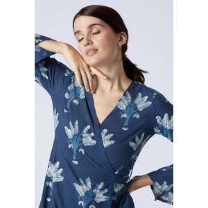 Minivestido azul con estampado floral para mujer, cuello en V, manga acampanada, vestido informal para fiesta - Product Image 3