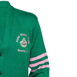 Green Cardigan Women's V-Neck Full Sleeve Embroidered Letter AK Logo Casual Knitted Sweater - Product Image 3