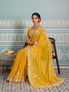 Blusa Moderna Premium con Bordado Floral Amarillo Sol, Elegante Traje Festivo Indio, Saree de Organza Suave para Fiestas de Invierno y Verano - Product Image 2