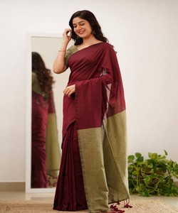 Sari reversible de algodón color granate y verde oliva, ropa tradicional india para mujer, informal, largo hasta el suelo, corte regular. - Product Image 1