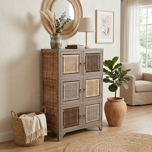 New Modern Minimalist Kendari Wooden Storage Cabinet Natural <b>Rattan</b> Webbing 6 Doors Multi Color Chest Side Unit Nightstand - Product Image 4