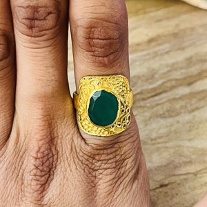 2026 High Demand Vintage Textured Green Onyx <b>Ring</b> Boho Brass Jewelry 18K Gold Plated Chunky <b>Statement</b> Wholesale <b>Ring</b> For Women - Product Image 2