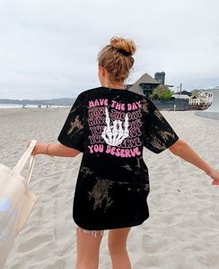 Camiseta Deserve Day con estampado de esqueleto divertido, informal, holgada, con gráficos, Tops - Product Image 3