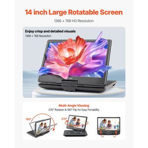 Schermo Portatile HD Girevole da 14 Pollici per Lettore DVD con Batteria Ricaricabile Integrata da 4,5-5 Ore e Supporto Dual Sync T - Product Image 2