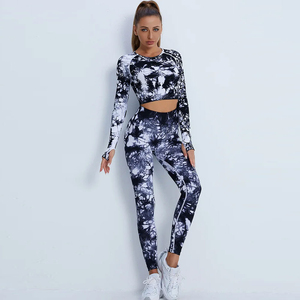 Crop top à col rond et leggings longs taille haute en Spandex et Polyester, extensibles dans les quatre sens, motif Tie-Dye, ensemble de yoga 2 pièces - Product Image 1