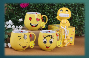 Mug à café en céramique jaune avec motif visage, moderne, compatible lave-vaisselle et micro-ondes, avec poignée, pour la maison, le bureau, ou comme cadeau - Product Image 2