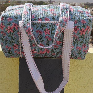 Floral Print Quilted <b>Duffel</b> <b>Bag</b> With White Striped Handles Lightweight Portable Travel Weekender <b>Bag</b> - Product Image 3