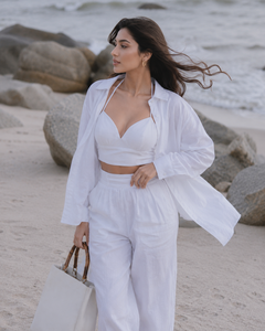 Elegant White Bohemian <b>Linen</b>/Cotton Eco-Friendly 3-Piece Beachwear Set High-Waisted Wide-Leg Pants Matching Bralette Crop <b>Top</b> - Product Image 3