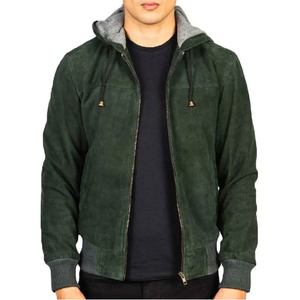 Veste à capuche en cuir de mouton véritable pour hommes et femmes, vêtement d'extérieur vert avec fermeture éclair, poignets en tricot côtelé, teinture unie - Fournisseur OEM 2026 - Product Image 1