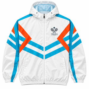 Veste longue à capuche de club de tennis pour homme, blanche, bleue, orange, imprimé géométrique, coupe-vent, sportive, fermeture éclair sur le devant, broderie, tenue de printemps - Product Image 1