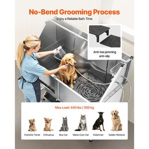 Stazione di lavaggio per cani in acciaio inossidabile da 62 pollici con scale, pannello filtro acqua in PE, rubinetto, soffione doccia e sapone per toelettatura esterna di animali domestici - Product Image 4