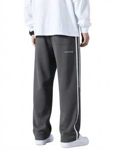 Pantalones Deportivos Anchos Gris Oscuro para Hombre con Franja Lateral Blanca, Estilo Urbano, Casual, Corte Recto - Product Image 4