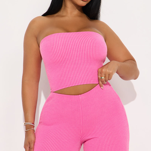 Ensemble 2 pièces côtelé rose personnalisé pour femme – Haut court sans bretelles et pantalon décontracté en maille extensible de coton pour le printemps et l'été - Product Image 3