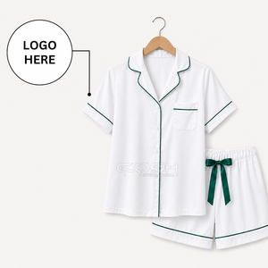 Cosh International Alpha Kapa Custom Logo Women Satin <b>Silk</b> Pajama Set Women White Short Sleeve Pajama Set With <b>Green</b> Trim - Product Image 1
