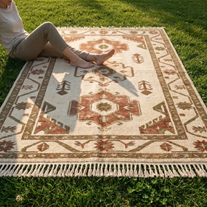 Artisan <b>Crafted</b> Vintage Oriental <b>Wool</b> Rug Traditional Geometric Pattern Handmade Carpet With Fringe for Luxury Home - Product Image 4