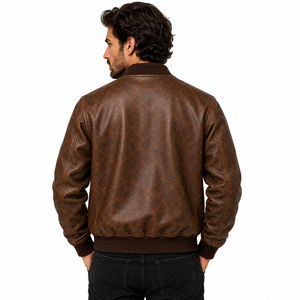 Blouson aviateur pour homme en cuir d'agneau 100% véritable |   Blouson vintage marron à fermeture éclair, col montant, logo embossé, poches utilitaires, style moto - Product Image 4