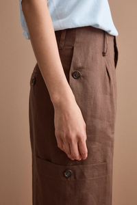 <span class=keywords><strong>Pantaloni</strong></span> da Donna a Gamba Larga, Vita Alta, Eleganti per Ufficio, Personalizzati, Marrone Scuro, Plissettati, in <span class=keywords><strong>Lino</strong></span>, Stile Cargo - Product Image 3