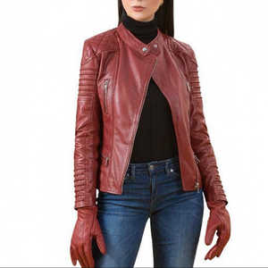 Veste de motard en cuir de mouton bordeaux sur mesure pour femme, fabriquée à la main, manches longues, taille XS, fermeture éclair croisée, édition asymétrique - Product Image 1