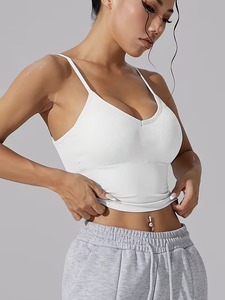 Women's Seamless Ribbed Sports Bra | Low-Back Criss-<b>Cross</b> Workout Tank <b>Top</b> | Spandex/Polyester White Gym Cami Removable Front - Product Image 3