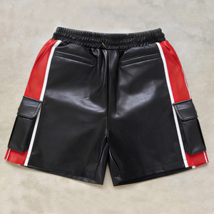 Pantalones Cortos Cargo de Moda Vintage Personalizados para Hombre, Cintura Elástica Alta, Múltiples Bolsillos, Estilo Urbano, Pantalones Cortos de Cuero PU - Product Image 5