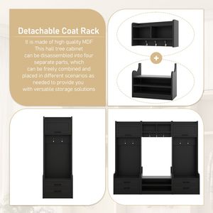 Perchero de árbol de salón negro desmontable 4 en 1, 7 ganchos, cajones de almacenamiento, gabinete, múltiples funciones, Banco de entrada para almacenamiento de zapatos - Product Image 6
