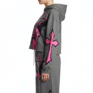 Conjunto Deportivo Vintage para Hombre, Gris con Estampado Rosa, Sudadera con Capucha y Pantalones con Cordón, Corte Holgado, Transpirable, Impermeable, Forro Polar, 100% Algodón - Product Image 4