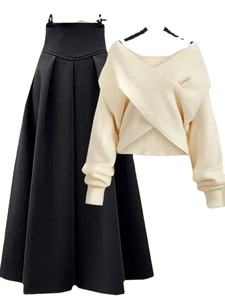 Automne hiver deux pièces ensembles pour femmes tenues bureau dames élégant croix tricot porte pull pull et taille haute jupes ensembles - Product Image 6