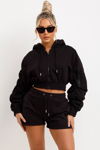 Conjunto Deportivo de 2 Piezas para Mujer, Color Negro, Sudadera Corta con Capucha, Pantalones Cortos, Cierre de Cremallera, Color Sólido, Bolsillos Laterales - Product Image 4
