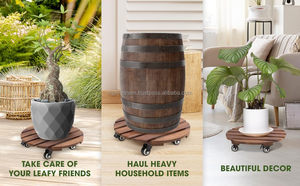 Chariot en bois d'acacia massif d'usine du Vietnam pour pots de fleurs et jardinières-40 cm de diamètre, support pour plantes en bois à quatre roues - Product Image 3