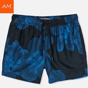 AM <b>Men's</b> Floral Print Quick Dry Board Shorts Mid Waist Drawstring Casual Swim <b>Trunks</b> Blue Polyester Short Shorts - Product Image 1