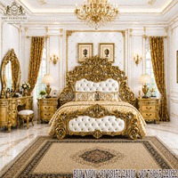 Suite de chambre à coucher de style impérial, thème noir et or, lit moderne en teck de designer exclusif, taille complète, avec ensemble complet