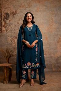 Elegant Peacock Green 60x60 Cotton Floral Embroidered <b>Kurta</b> Pant Dupatta Set for <b>Women</b> Traditional Party Wear - Product Image 2