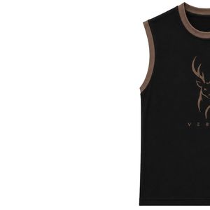 Débardeur sans manches noir et marron avec imprimé cerf en relief, gilet décontracté en coton pour homme, col rond, mode streetwear personnalisée - Product Image 3