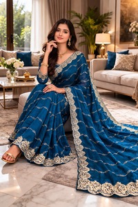 Sari de satén de diseño Fandy con bordado de cuentas en el pallu, trabajo de bordado en toda la prenda y ribete con trabajo de recorte, con blusa. - Product Image 1