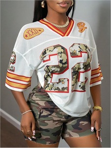Maillot de football en maille imprimé camouflage pour femme, col en V, manches courtes, coupe ample, respirant, vêtements de sport - Product Image 3