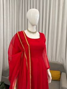 Women's Modern Solid <b>Red</b> Anarkali Kurta Set with Chiffon Dupatta Summer Autumn Party Wear Ethnic Salwar Suit - Product Image 4
